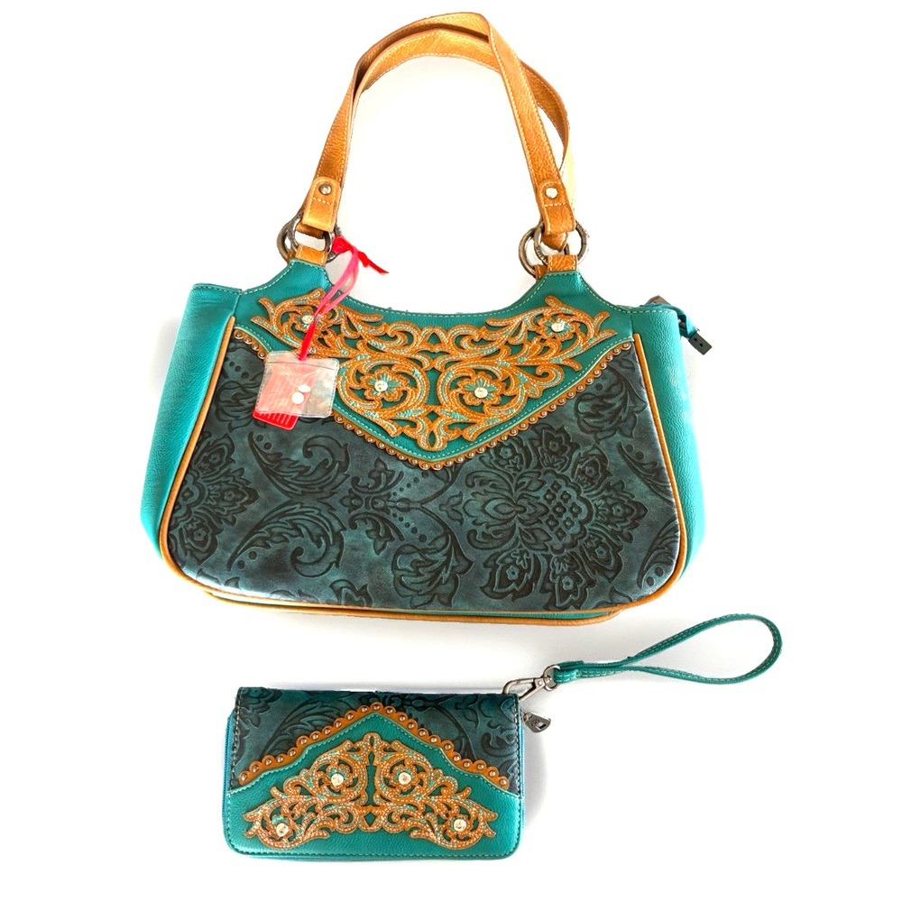 American Bling Handbag and Wrist Wallet Set Turquoise & Brown NEW